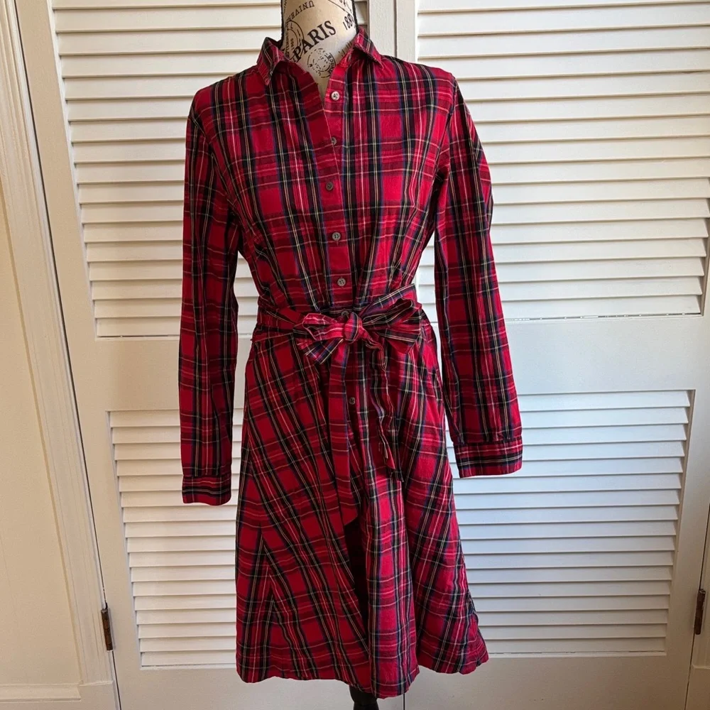 J. Crew Red Plaid Long Sleeve Tie Waist Shirt Dress 12 - Picture 8 of 8
